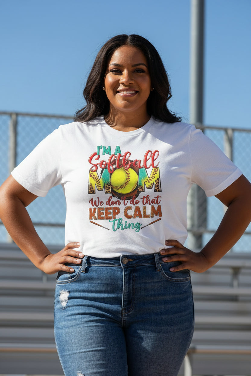 Softball Mom T-Shirt - "I'm a Softball Mom We Don't Do That Keep Calm Thing"