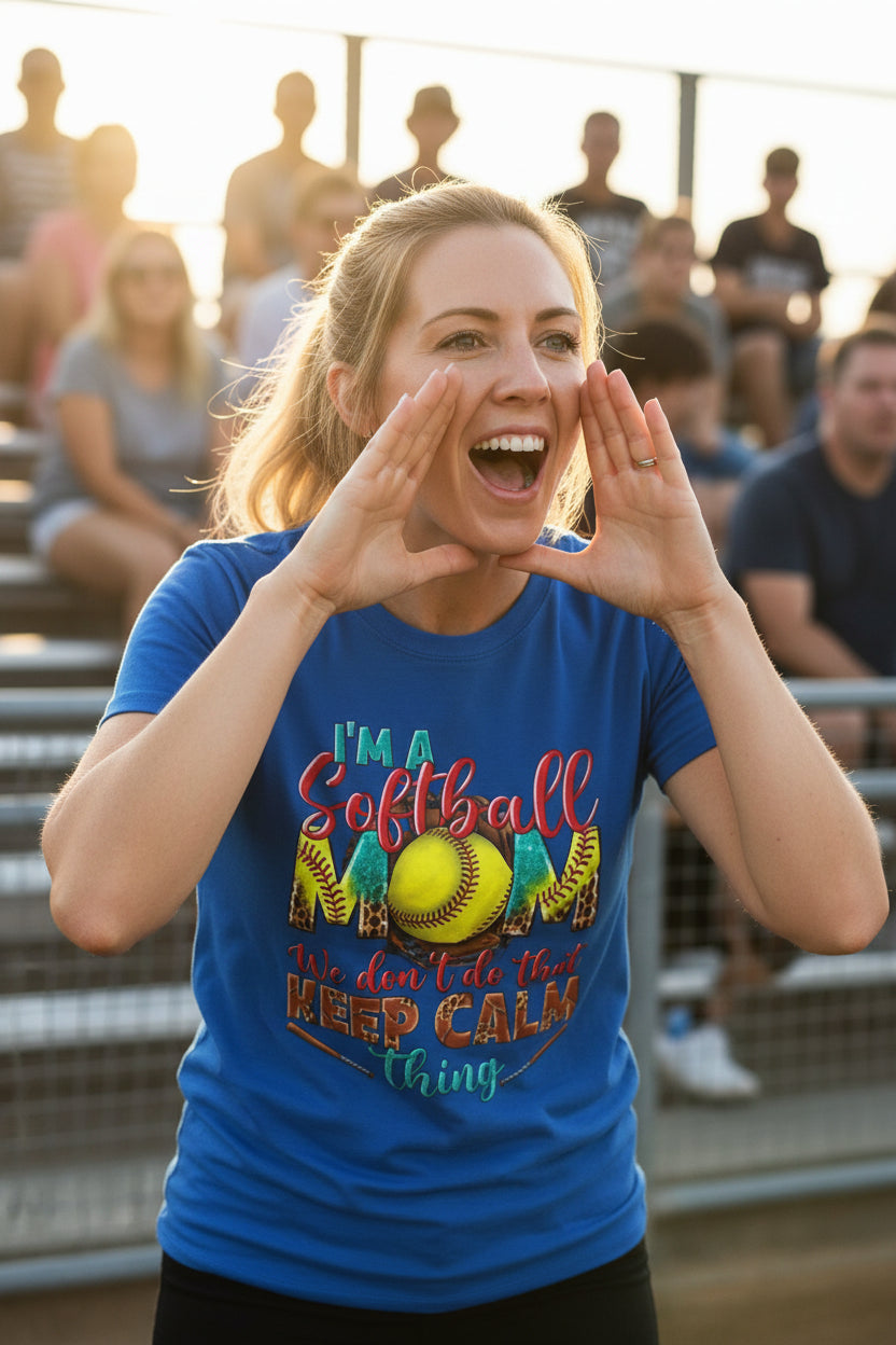 Softball Mom T-Shirt - "I'm a Softball Mom We Don't Do That Keep Calm Thing"