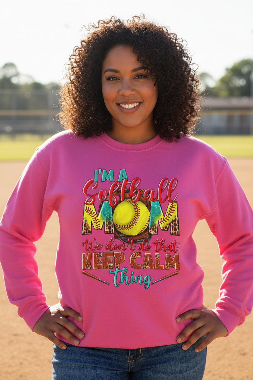 Softball Mom Crewneck Sweatshirt — "I'm a Softball Mom, We don't do that Keep Calm thing"