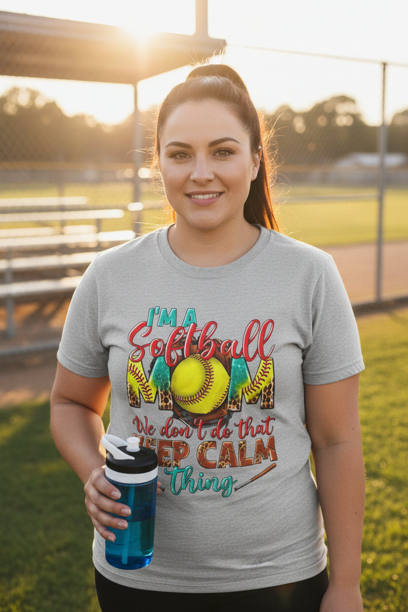 Softball Mom T-Shirt - "I'm a Softball Mom We Don't Do That Keep Calm Thing"