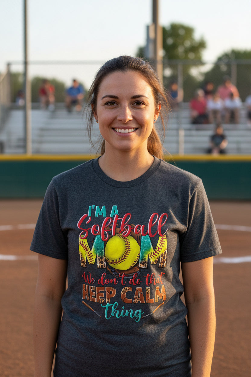 Softball Mom T-Shirt - "I'm a Softball Mom We Don't Do That Keep Calm Thing"
