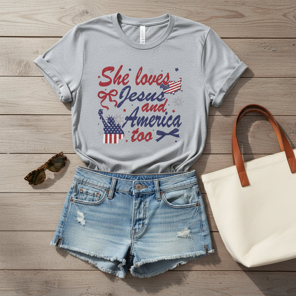 Gray t-shirt with 'She loves Jesus and America too' text and graphics on a white background